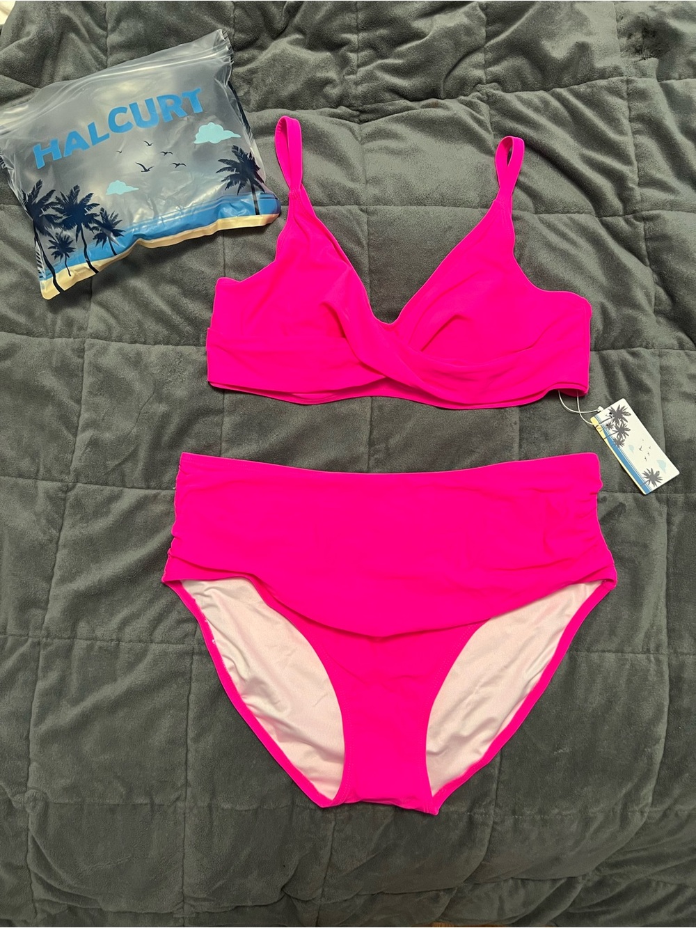 Halcurt Women's Hot Pink High-Waist Bikini Set — Cross Front Top - Picture 9 of 13